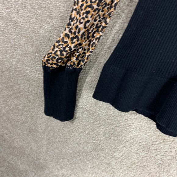 DKNY Sweater Top Womens Large L Black/Cheetah Repeat Ribbed Puff Shoulder V Neck - Picture 4 of 10